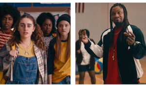 Side-by-side movie stills from the comedy 'Bottoms' show four teenagers on the left looking shocked and wide-eyed, contrasted with a man on the right wearing a tracksuit and whistle who is gesturing skeptically in a gymnasium.