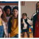 Side-by-side movie stills from the comedy 'Bottoms' show four teenagers on the left looking shocked and wide-eyed, contrasted with a man on the right wearing a tracksuit and whistle who is gesturing skeptically in a gymnasium.