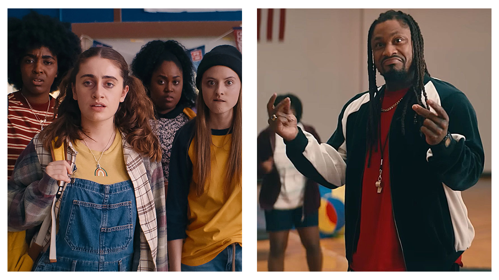 Side-by-side movie stills from the comedy 'Bottoms' show four teenagers on the left looking shocked and wide-eyed, contrasted with a man on the right wearing a tracksuit and whistle who is gesturing skeptically in a gymnasium.