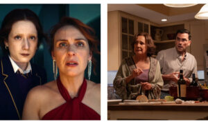 A side-by-side comparison of two comedy series stills: on the left, a young woman in a school uniform and a woman in a red halter dress stare ahead with shocked, wide-eyed expressions (from How to Get to Heaven from Belfast); on the right, an older woman and a man in a kitchen look off-camera with similarly startled and confused expressions (from Big Mistakes).