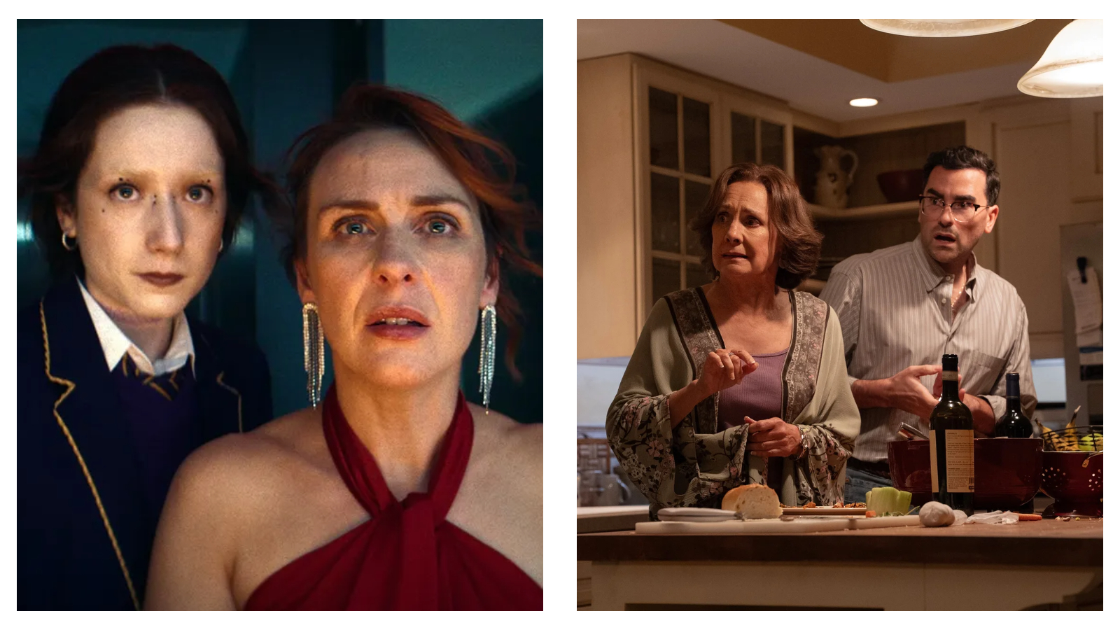 A side-by-side comparison of two comedy series stills: on the left, a young woman in a school uniform and a woman in a red halter dress stare ahead with shocked, wide-eyed expressions (from How to Get to Heaven from Belfast); on the right, an older woman and a man in a kitchen look off-camera with similarly startled and confused expressions (from Big Mistakes).