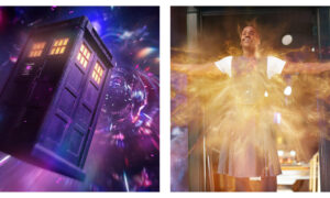 A split image showing the TARDIS from Doctor Who flying through the time vortex (left) and Ncuti Gatwa's Doctor regenerating (right)