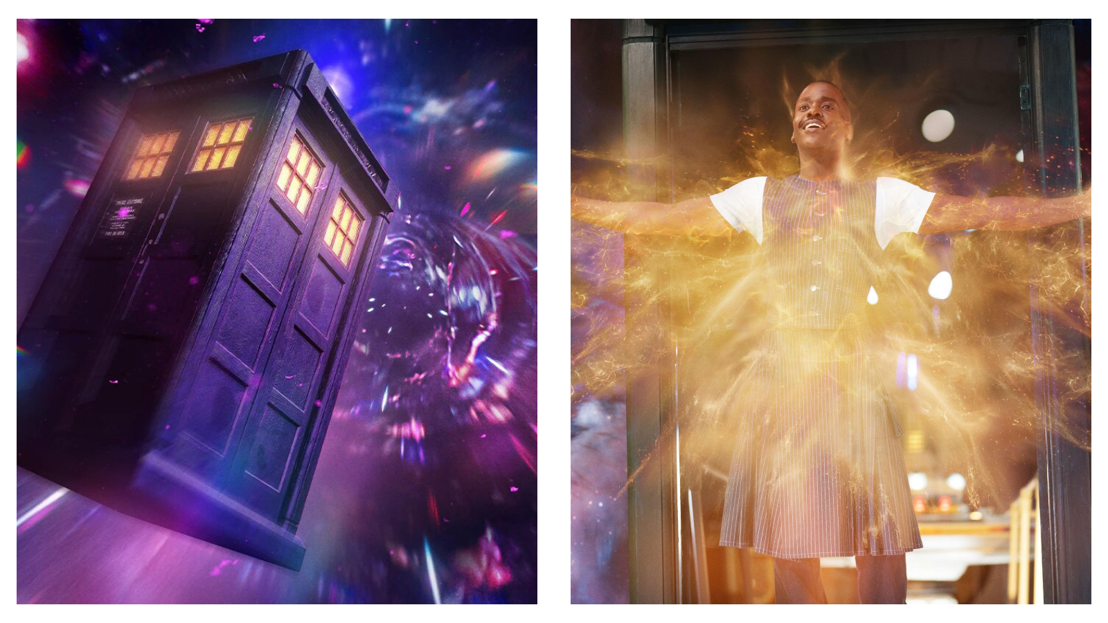 A split image showing the TARDIS from Doctor Who flying through the time vortex (left) and Ncuti Gatwa's Doctor regenerating (right)