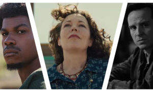 A triptych of three individual portraits separated by slanted white borders, featuring a close-up of John Bodega in The Woman King, Olivia Colman in Empire of Light, and a black-and-white portrait of Andrew Scott in Ripley.
