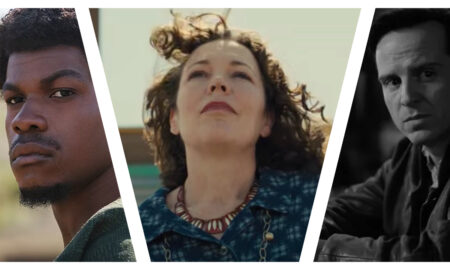 A triptych of three individual portraits separated by slanted white borders, featuring a close-up of John Bodega in The Woman King, Olivia Colman in Empire of Light, and a black-and-white portrait of Andrew Scott in Ripley.
