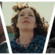 A triptych of three individual portraits separated by slanted white borders, featuring a close-up of John Bodega in The Woman King, Olivia Colman in Empire of Light, and a black-and-white portrait of Andrew Scott in Ripley.