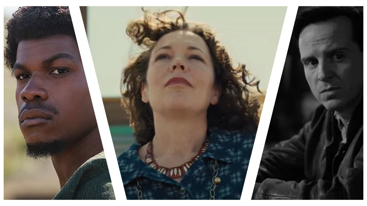 A triptych of three individual portraits separated by slanted white borders, featuring a close-up of John Bodega in The Woman King, Olivia Colman in Empire of Light, and a black-and-white portrait of Andrew Scott in Ripley.