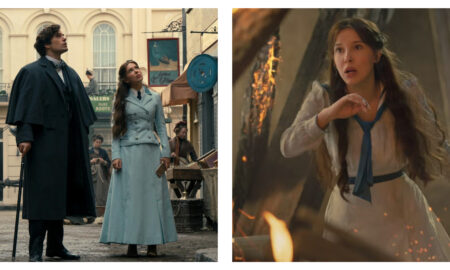 Two side-by-side film stills from Enola Holmes 3: on the left, Henry Cavill’s Sherlock in a long dark coat and Millie Bobby Brown’s Enola in a light blue period suit look upwards on a Victorian street featuring a sign reading "The Gilded Plume"; on the right, the Brown looks alarmed amidst fire and falling debris.