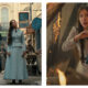 Two side-by-side film stills from Enola Holmes 3: on the left, Henry Cavill’s Sherlock in a long dark coat and Millie Bobby Brown’s Enola in a light blue period suit look upwards on a Victorian street featuring a sign reading "The Gilded Plume"; on the right, the Brown looks alarmed amidst fire and falling debris.