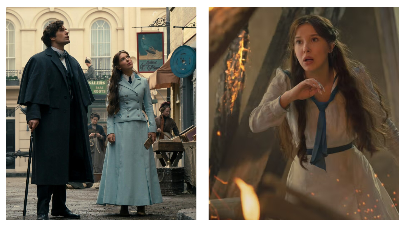 Two side-by-side film stills from Enola Holmes 3: on the left, Henry Cavill’s Sherlock in a long dark coat and Millie Bobby Brown’s Enola in a light blue period suit look upwards on a Victorian street featuring a sign reading "The Gilded Plume"; on the right, the Brown looks alarmed amidst fire and falling debris.