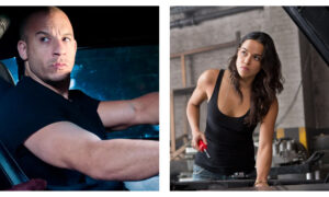 Split image of Vin Diesel as Dominic Toretto inside an American muscle car (left) and Michelle Rodriguez as Letty standing over the open hood of a car (right)