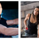 Split image of Vin Diesel as Dominic Toretto inside an American muscle car (left) and Michelle Rodriguez as Letty standing over the open hood of a car (right)