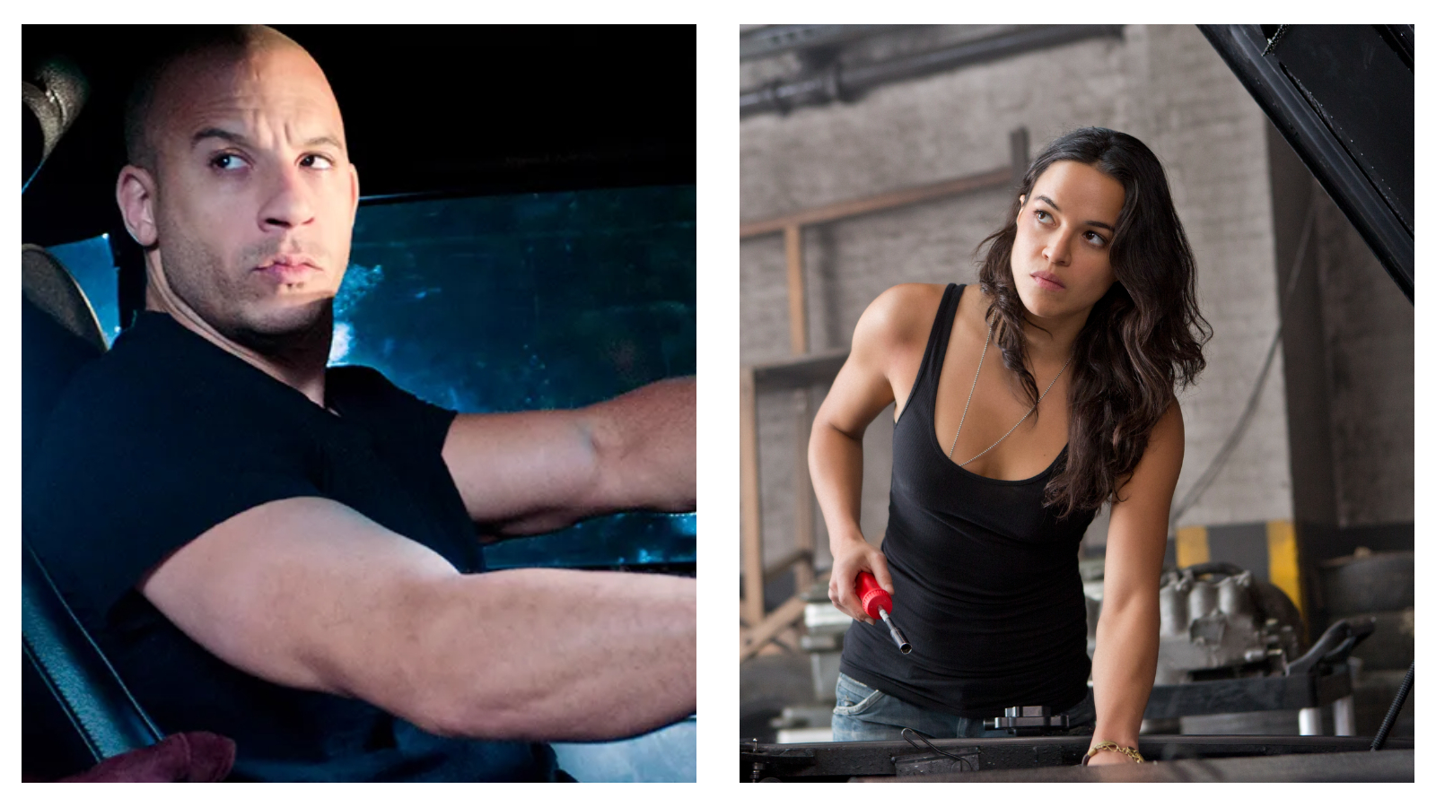 Split image of Vin Diesel as Dominic Toretto inside an American muscle car (left) and Michelle Rodriguez as Letty standing over the open hood of a car (right)