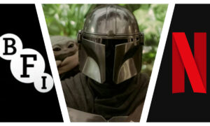 A triptych image divided by diagonal white lines: the left section shows the white British Film Institute (BFI) logo on a black background; the central, wider section features Din Djarin in full Mandalorian armor with Grogu peeking over his shoulder against a green, blurred foliage backdrop; the right section displays the red Netflix "N" logo on a black background.