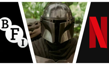 A triptych image divided by diagonal white lines: the left section shows the white British Film Institute (BFI) logo on a black background; the central, wider section features Din Djarin in full Mandalorian armor with Grogu peeking over his shoulder against a green, blurred foliage backdrop; the right section displays the red Netflix "N" logo on a black background.
