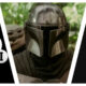 A triptych image divided by diagonal white lines: the left section shows the white British Film Institute (BFI) logo on a black background; the central, wider section features Din Djarin in full Mandalorian armor with Grogu peeking over his shoulder against a green, blurred foliage backdrop; the right section displays the red Netflix "N" logo on a black background.