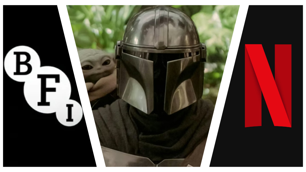 A triptych image divided by diagonal white lines: the left section shows the white British Film Institute (BFI) logo on a black background; the central, wider section features Din Djarin in full Mandalorian armor with Grogu peeking over his shoulder against a green, blurred foliage backdrop; the right section displays the red Netflix "N" logo on a black background.