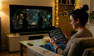 A person wearing glasses and a beige jumper sits on a sofa, looking at a tablet in their hands while a large television screen displays a sci-fi movie scene with two characters in a dimly lit setting. The warm, cosy living room is illuminated by ambient lighting, with a bowl of popcorn on the coffee table.