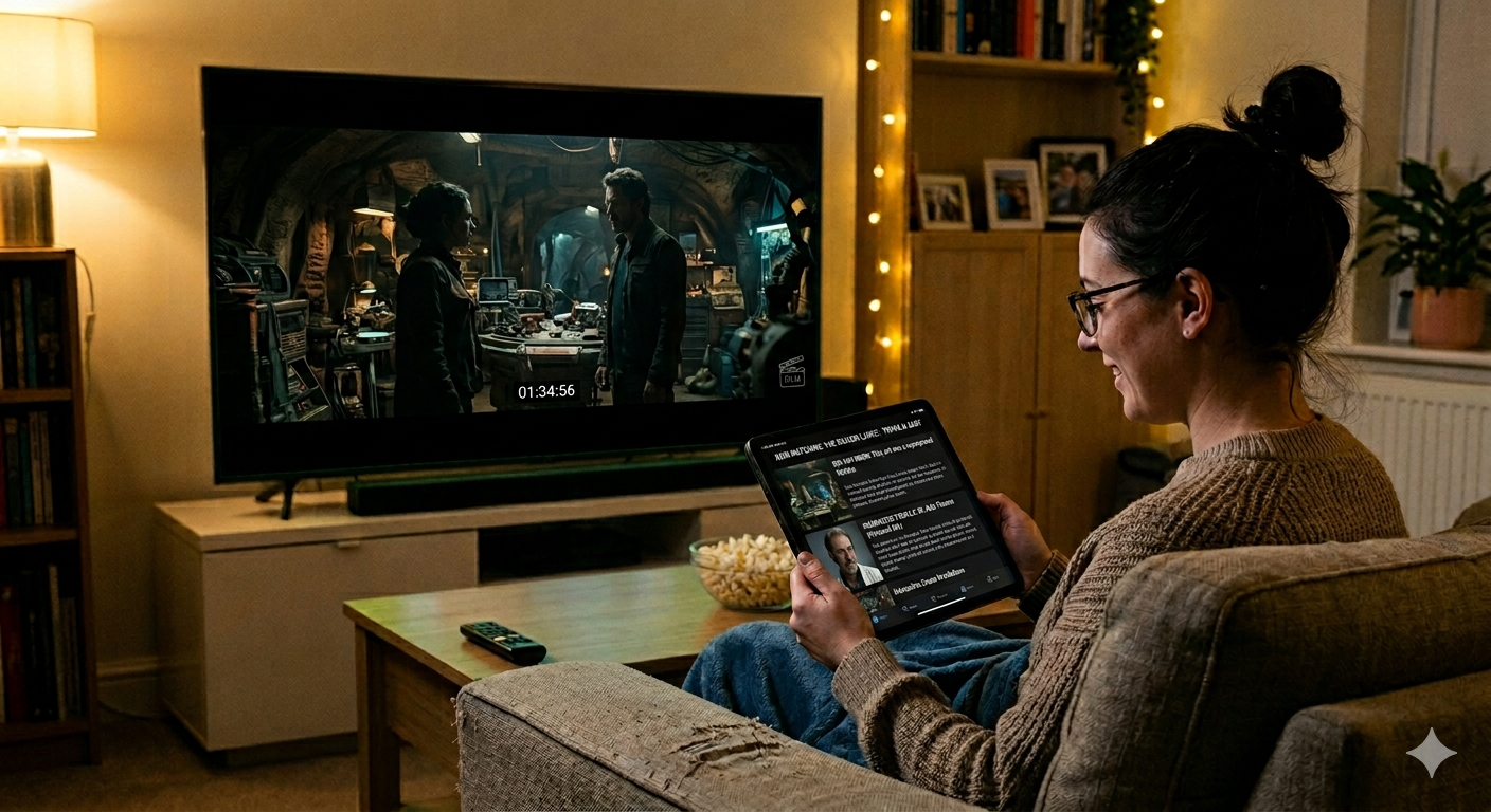 A person wearing glasses and a beige jumper sits on a sofa, looking at a tablet in their hands while a large television screen displays a sci-fi movie scene with two characters in a dimly lit setting. The warm, cosy living room is illuminated by ambient lighting, with a bowl of popcorn on the coffee table.