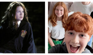 Side-by-side comparison of a young Bonnie Wright playing Ginny Weasley in a dark Hogwarts uniform, and a modern photo of outgoing Ginny Weasley actress Gracie Cochrane smiling with on-screen brother Ron, played by Alastair Stout.