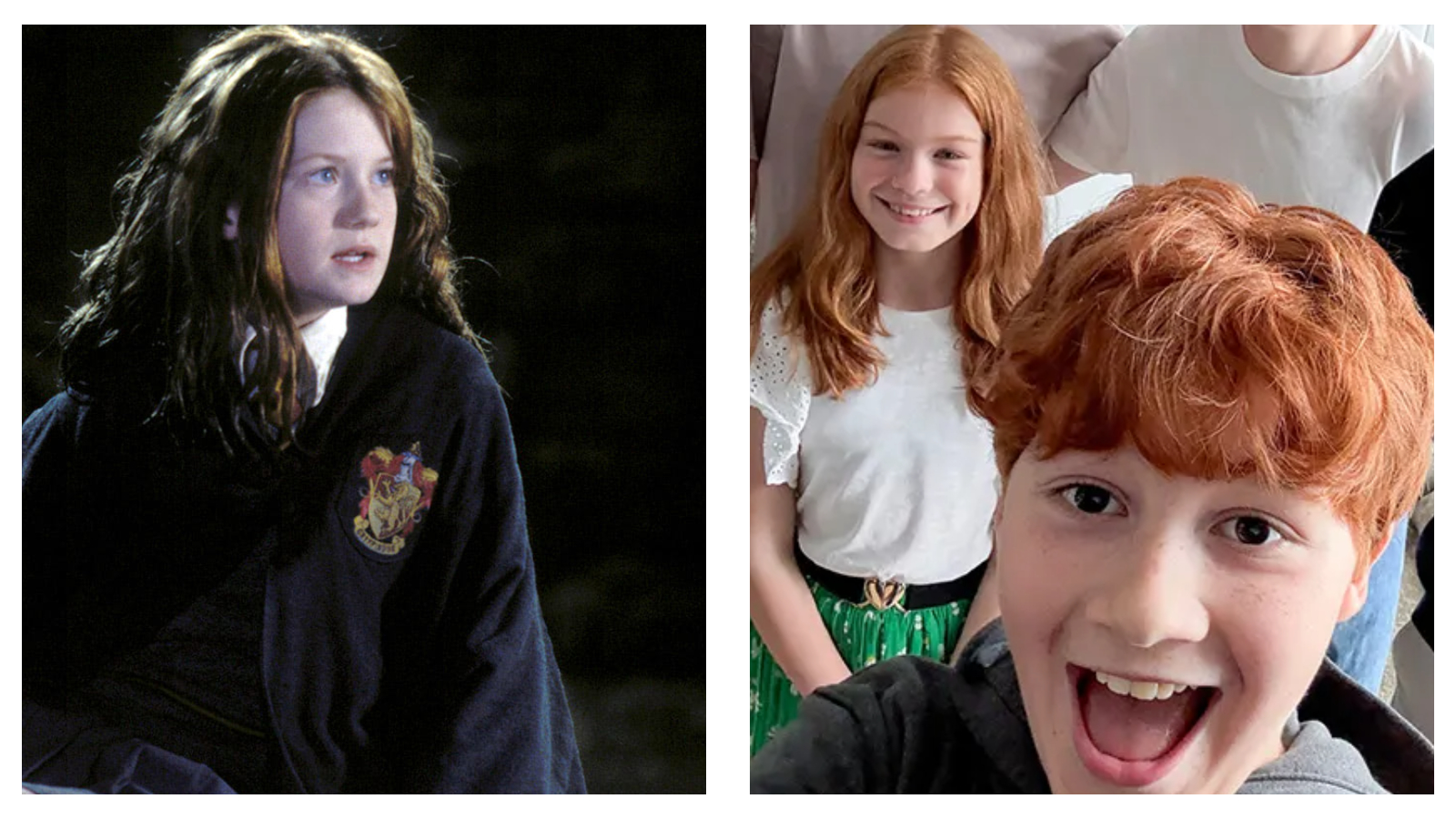 Side-by-side comparison of a young Bonnie Wright playing Ginny Weasley in a dark Hogwarts uniform, and a modern photo of outgoing Ginny Weasley actress Gracie Cochrane smiling with on-screen brother Ron, played by Alastair Stout.
