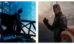 A side-by-side comparison of two cinematic superhero shots: on the left, Batman stands in silhouette against a cold blue industrial backdrop; on the right, a battle-worn Captain America looks ahead with a shocked expression, holding a broken shield against a dusty battlefield.