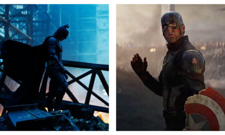 A side-by-side comparison of two cinematic superhero shots: on the left, Batman stands in silhouette against a cold blue industrial backdrop; on the right, a battle-worn Captain America looks ahead with a shocked expression, holding a broken shield against a dusty battlefield.