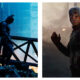 A side-by-side comparison of two cinematic superhero shots: on the left, Batman stands in silhouette against a cold blue industrial backdrop; on the right, a battle-worn Captain America looks ahead with a shocked expression, holding a broken shield against a dusty battlefield.