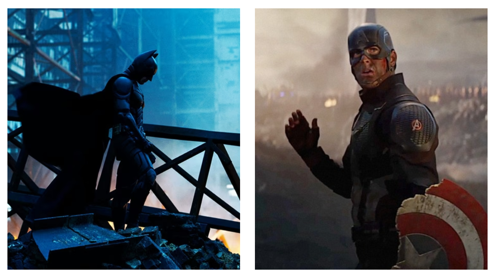 A side-by-side comparison of two cinematic superhero shots: on the left, Batman stands in silhouette against a cold blue industrial backdrop; on the right, a battle-worn Captain America looks ahead with a shocked expression, holding a broken shield against a dusty battlefield.