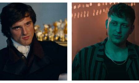 Split image with Jacob Elordi in Wuthering Heights on the left and Tom Francis in You on the right
