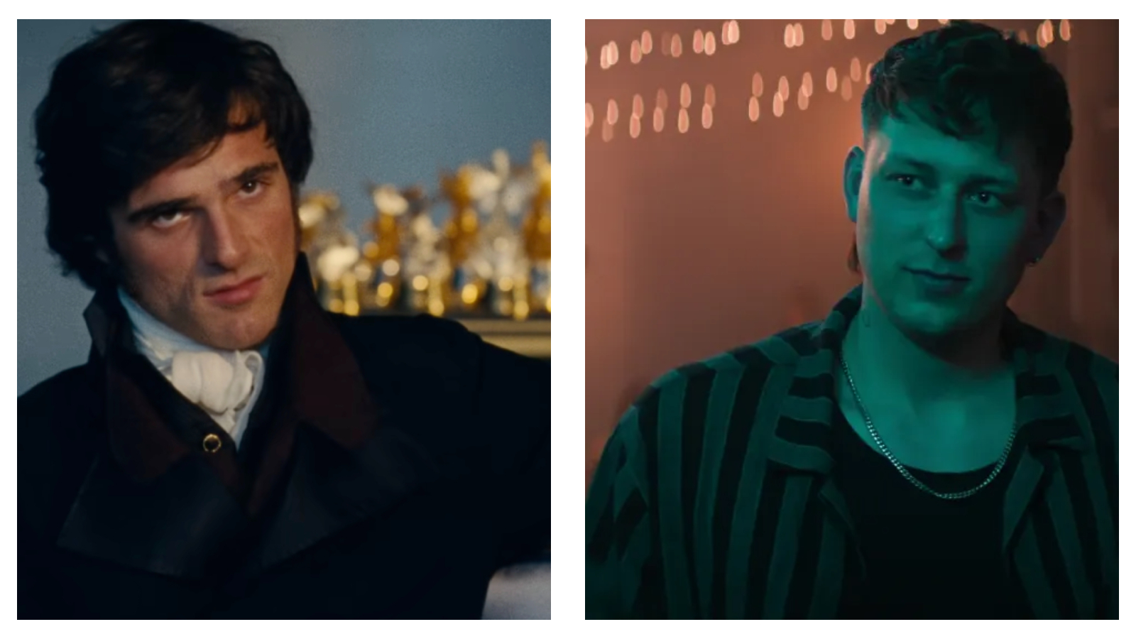 Split image with Jacob Elordi in Wuthering Heights on the left and Tom Francis in You on the right