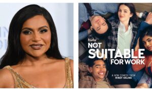 Mindy Kaling alongside a poster for her new show Not Suitable for Work