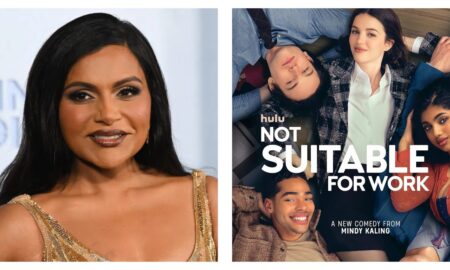 Mindy Kaling alongside a poster for her new show Not Suitable for Work