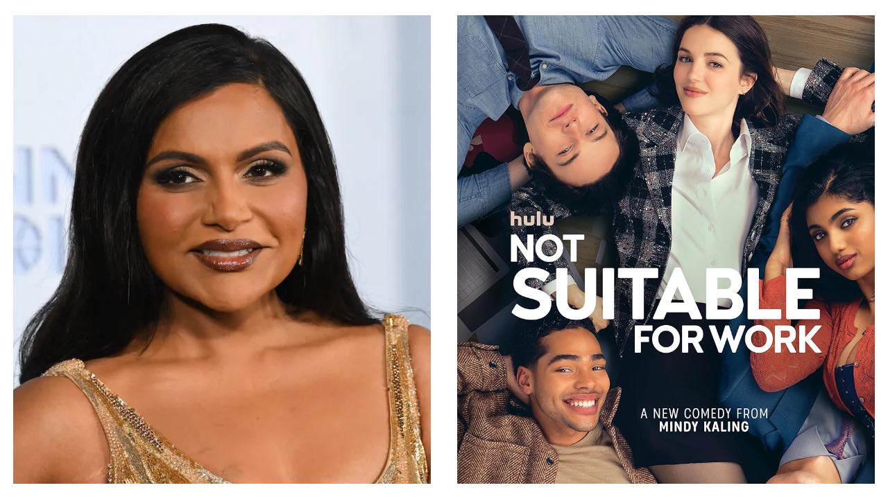 Mindy Kaling alongside a poster for her new show Not Suitable for Work