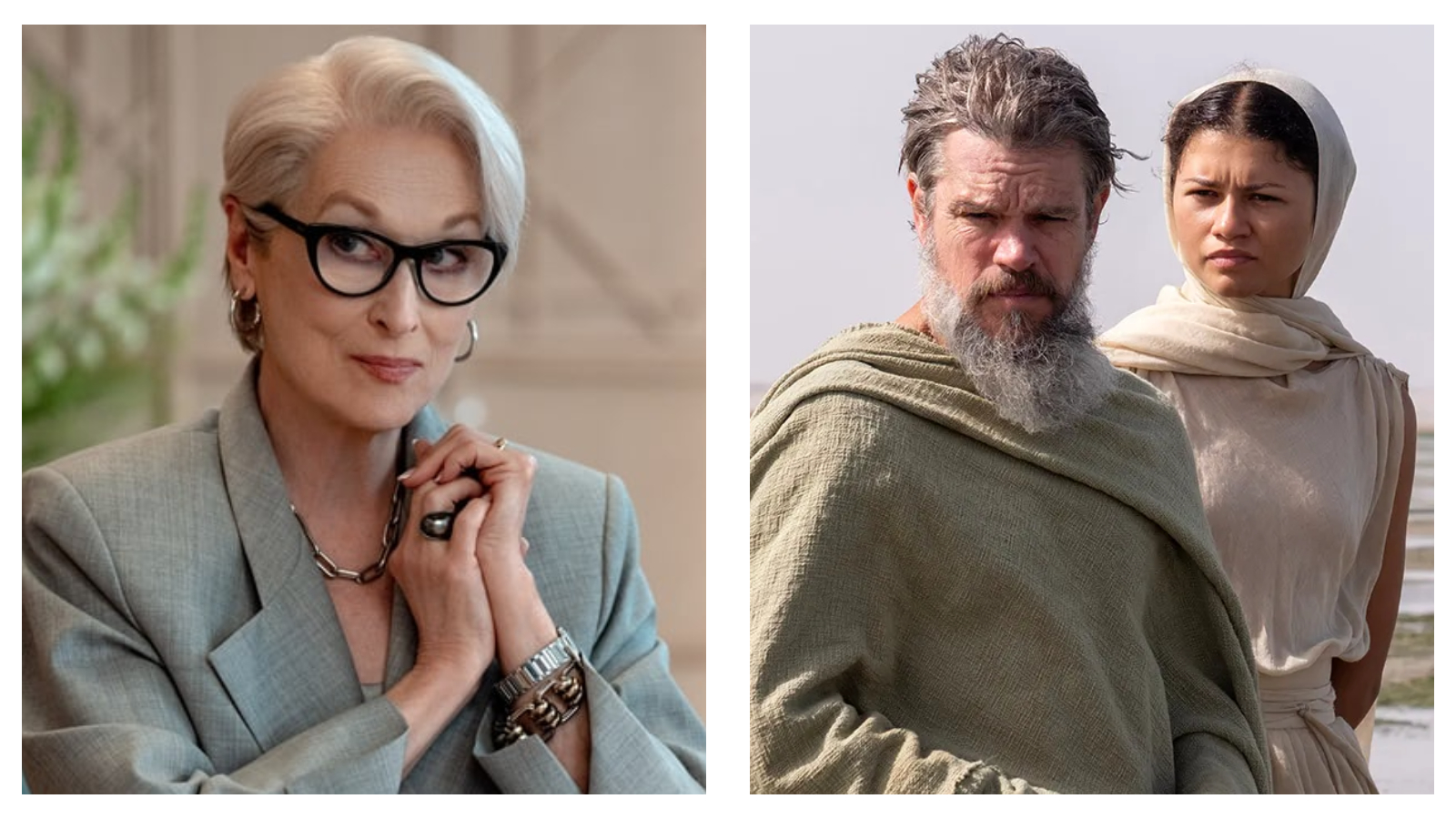 Meryl Streep in The Devil Wears Prada 2 (left) and Matt Damon with Zendaya in The Odyssey (right)