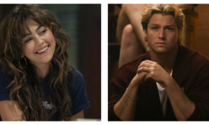 Two side-by-side portrait shots from Off Campus: on the left, Mika Abdalla’s Allie smiling with wavy brown hair and bangs wearing a dark blue t-shirt; on the right, Stephen Thomas Kalyn’s Dean with a serious expression, sits with his hands clasped, wearing a dark maroon cardigan over a white t-shirt.