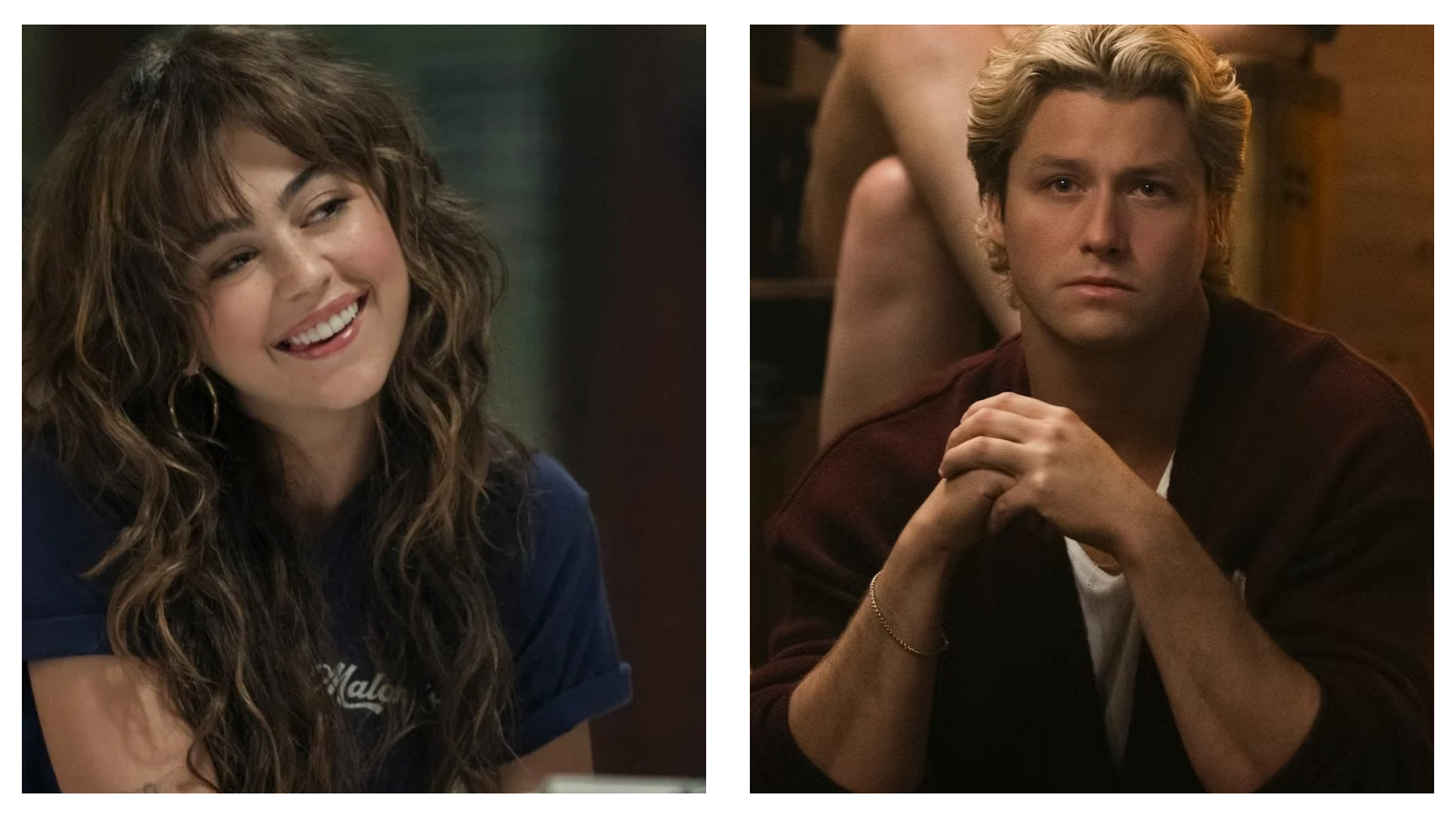 Two side-by-side portrait shots from Off Campus: on the left, Mika Abdalla’s Allie smiling with wavy brown hair and bangs wearing a dark blue t-shirt; on the right, Stephen Thomas Kalyn’s Dean with a serious expression, sits with his hands clasped, wearing a dark maroon cardigan over a white t-shirt.