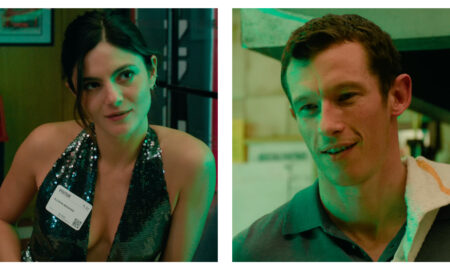 Side-by-side stills of Monica Barbaro (left) and Callum Turner (right) in the film One Night Only