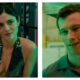 Side-by-side stills of Monica Barbaro (left) and Callum Turner (right) in the film One Night Only