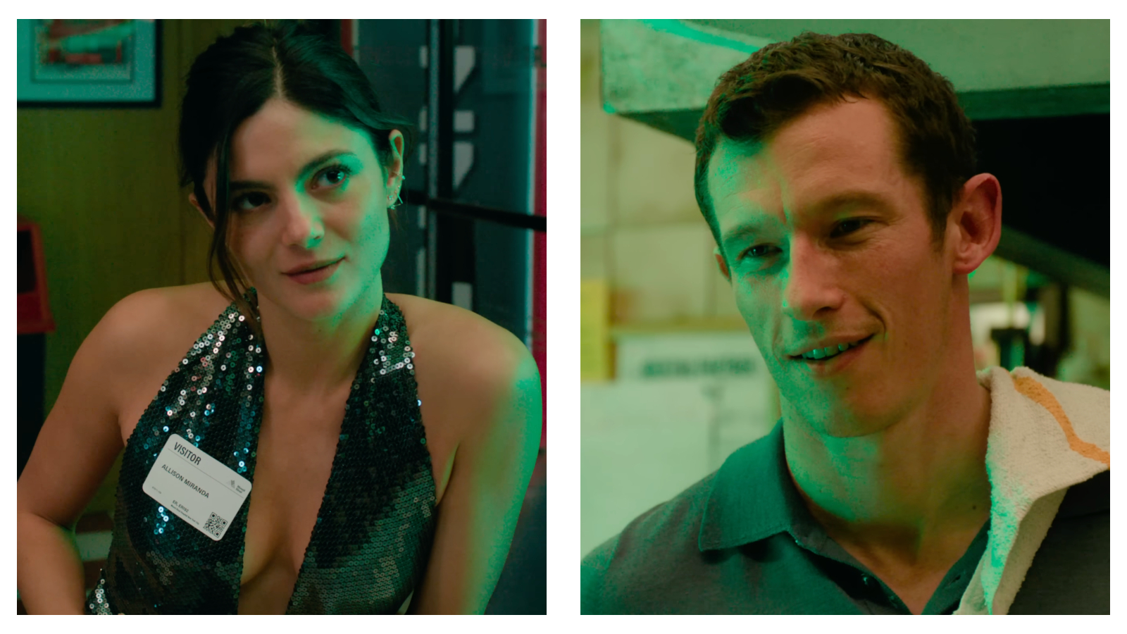 Side-by-side stills of Monica Barbaro (left) and Callum Turner (right) in the film One Night Only