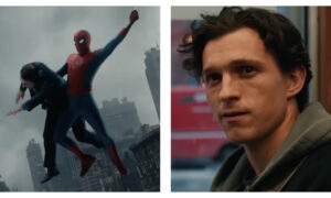 Split image: Spider-Man swings through the sky carrying a civilian (left) and a close-up of Tom Holland as Peter Parker sat in a coffee shop (right)