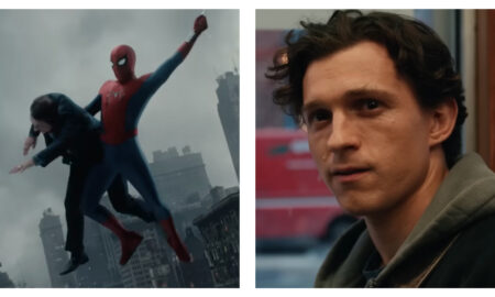 Split image: Spider-Man swings through the sky carrying a civilian (left) and a close-up of Tom Holland as Peter Parker sat in a coffee shop (right)
