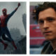 Split image: Spider-Man swings through the sky carrying a civilian (left) and a close-up of Tom Holland as Peter Parker sat in a coffee shop (right)