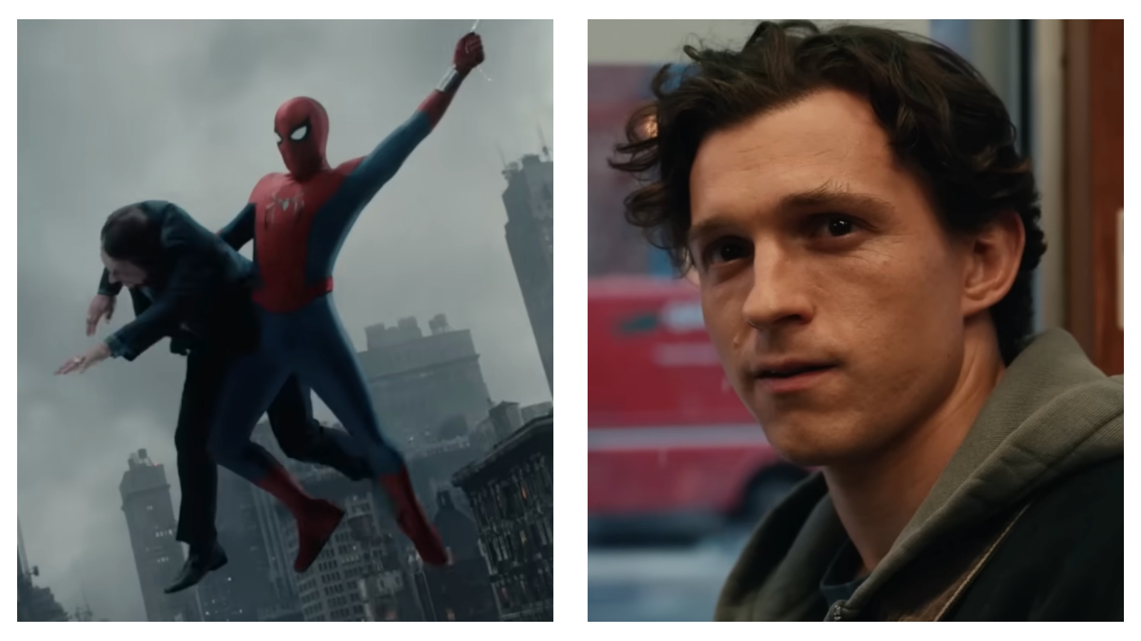 Split image: Spider-Man swings through the sky carrying a civilian (left) and a close-up of Tom Holland as Peter Parker sat in a coffee shop (right)