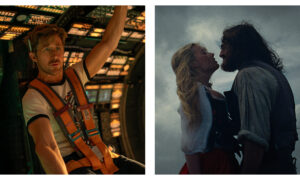 Split image: (Left) Ryan Gosling sat in a spaceship in Project Hail Mary, (right) Margot Robbie standing face to face with Jacob Elordi amid a cloudy backdrop in Withering Heights