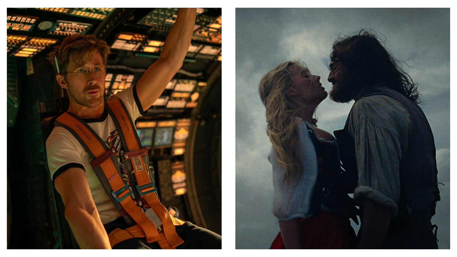 Split image: (Left) Ryan Gosling sat in a spaceship in Project Hail Mary, (right) Margot Robbie standing face to face with Jacob Elordi amid a cloudy backdrop in Withering Heights