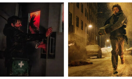 Stills of Austin Abrams in the new Resident Evil film. Left: He struggles to keep a door shut from intruders. Right: He runs through a snowy town road at night.