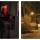 Stills of Austin Abrams in the new Resident Evil film. Left: He struggles to keep a door shut from intruders. Right: He runs through a snowy town road at night.