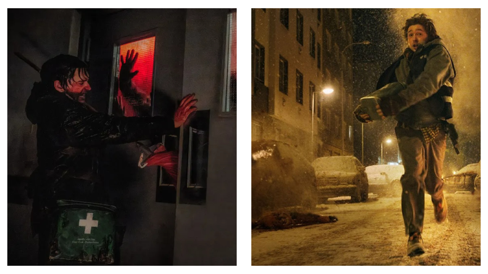 Stills of Austin Abrams in the new Resident Evil film. Left: He struggles to keep a door shut from intruders. Right: He runs through a snowy town road at night.
