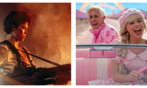 Side-by-side contrast of two movie scenes: on the left, Sigourney Weaver’s Ripley in the Alien franchise with an intense expression holds a rifle against a smoky, fiery orange background; on the right, Ryan Gosling as Ken and Margot Robbie as Barbie in pink attire drive a pink convertible towards a rainbow and a sign reading "Barbieland".